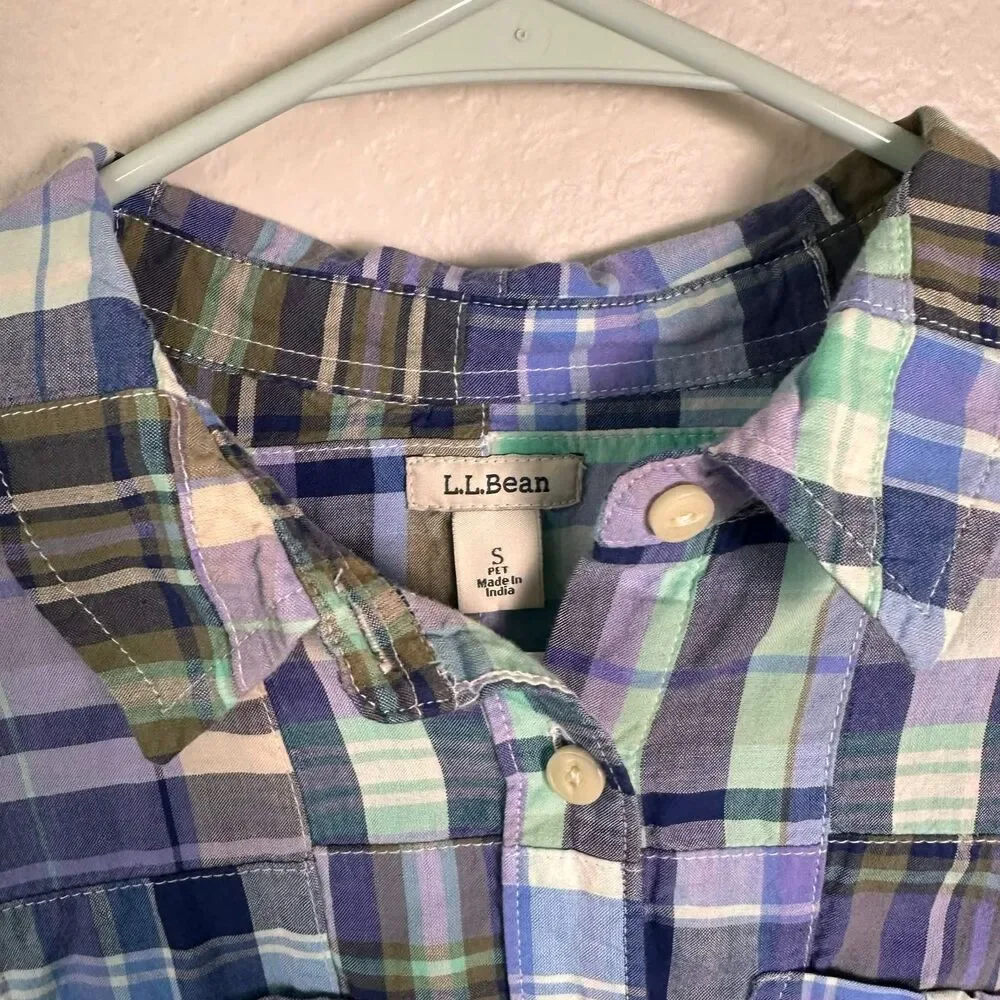 L.L. Bean Plaid Patchwork Button Down Shirt Small Petite Blue Purple 100% Cotton - Picture 5 of 8
